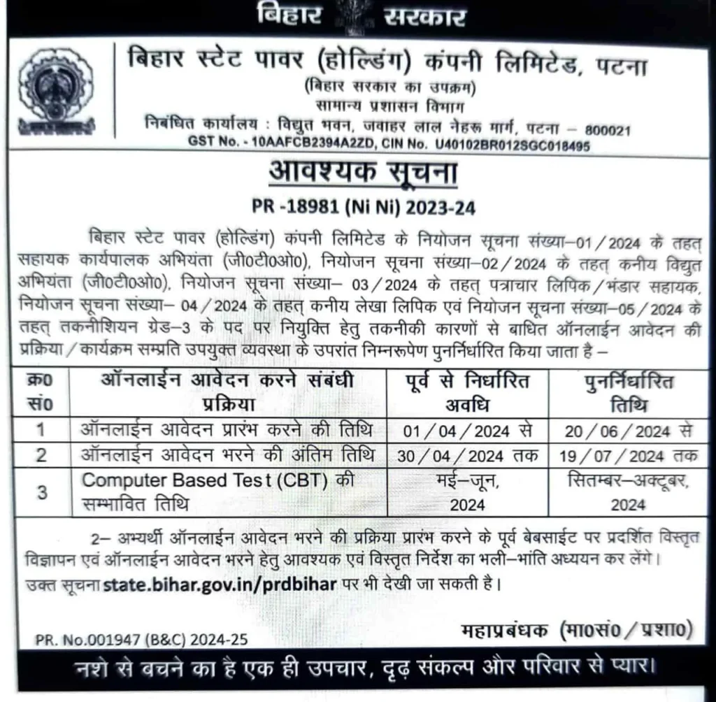 BSPHCL Bihar Bijli Vibhag Bharti 2024